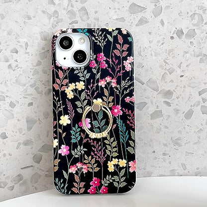 Qokey for iPhone 13/14 6.1" Case, Cute Garden Flowers Design for Girls Women, Matte Pattern Soft Shockproof TPU Anti-Scratch Phone Cover, Black Mixed Floral - color: Rattan