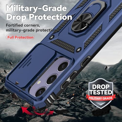 for Samsung Galaxy S24 FE Case with Camera Lens Cover HD Screen Protector, Dual Layer Military-Grade Drop Tested Magnetic Ring Holder Kickstand Protective Phone Case for Galaxy S24 FE (Navy Blue) - color: Navy Blue with camera cover Military-Grade 2nd gen