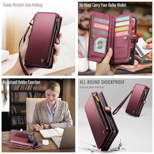 Defencase for iPhone 17 Pro Max Wallet Case with RFID Card Holder, Wine Red | Durable Soft PU Leather, with Zipper Pocket, Wrist Strap, Fashion Snap Flip Phone Cases Cover with Stand for Women and Men - color: Wine Red
