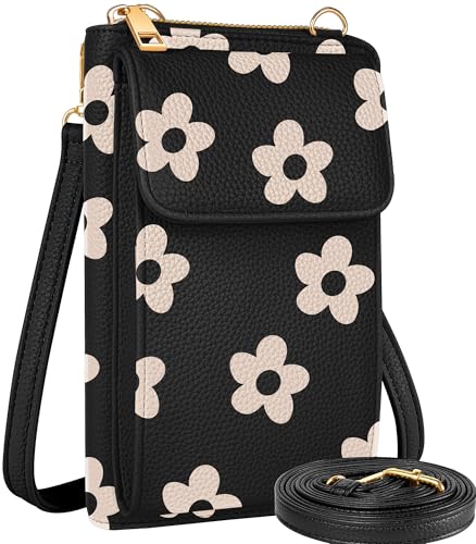 Miss Adola Phone Purse for Women Leather Crossbody Bag | Large Phone Pocket, Magnetic Snap, Zipper Pocket, 4 Card Slots, Adjustable Shoulder Strap, Leather Small Purse for Daily Use - color: Black Flower