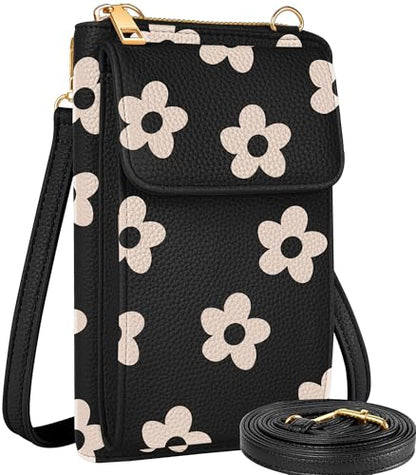Miss Adola Phone Purse for Women Leather Crossbody Bag | Large Phone Pocket, Magnetic Snap, Zipper Pocket, 4 Card Slots, Adjustable Shoulder Strap, Leather Small Purse for Daily Use - color: Black Flower