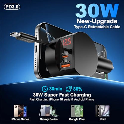Retractable Car Charger, 2-Pack 78W 3 in 1 Car Charger USB C Fast Charger - color: Black-2Pcs