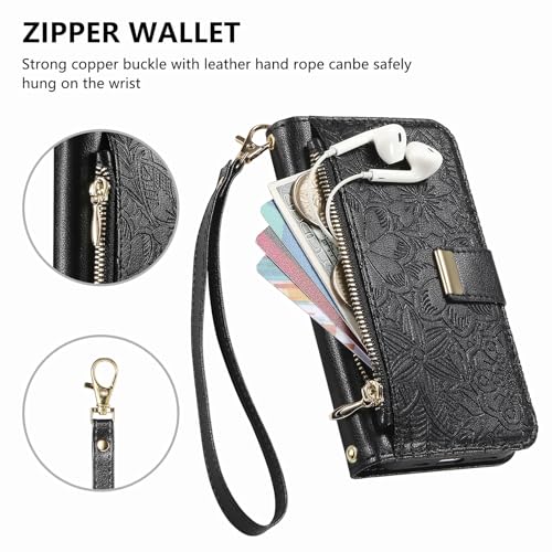 for iPhone 17 Pro Max Phone Case Wallet, Black | Built-in Card Holder (8-10 Cards), Zipper Pocket, Wrist Strap, Stand Kickstand, Flower PU Leather Protective Phone Case Women - color: Black, size: iPhone 17 Pro Max