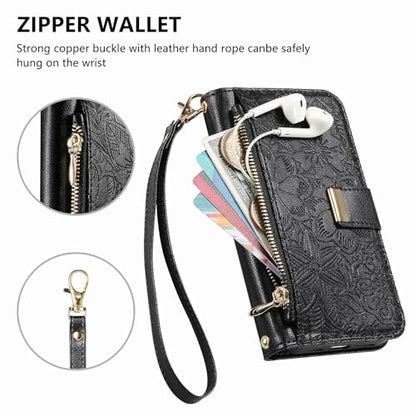 for iPhone 17 Pro Max Phone Case Wallet, Black | Built-in Card Holder (8-10 Cards), Zipper Pocket, Wrist Strap, Stand Kickstand, Flower PU Leather Protective Phone Case Women - color: Black, size: iPhone 17 Pro Max