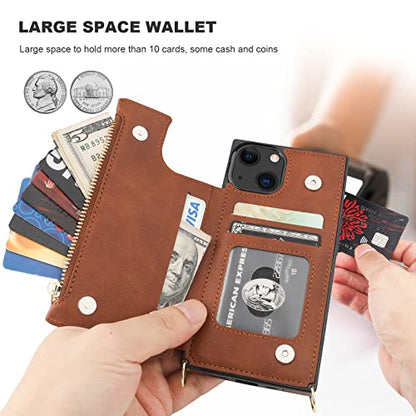 Bocasal Crossbody Wallet Case with Strap for iPhone 13/14, Brown | RFID Blocking Card Slot Holder, Magnetic Flip Folio Purse Case, PU Leather Zipper Handbag Detachable Lanyard Strap 6.1 Inch - color: Brown