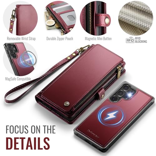 Defencase for Galaxy S24 Ultra Case Wallet Compatible with Magsafe, WineRed | Magnetic Detachable, RFID Bolcking Card Holder, Zipper Strap, PU Leather Drop-Proof Phone Cover for Samsung Galaxy S24 Ultra - color: (Detachable with Magsafe)-Wine Red