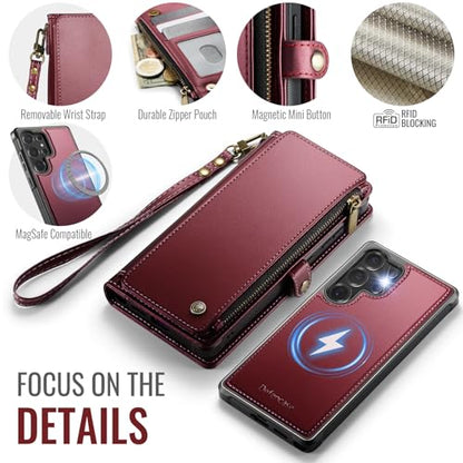 Defencase for Galaxy S24 Ultra Case Wallet Compatible with Magsafe, WineRed | Magnetic Detachable, RFID Bolcking Card Holder, Zipper Strap, PU Leather Drop-Proof Phone Cover for Samsung Galaxy S24 Ultra - color: (Detachable with Magsafe)-Wine Red