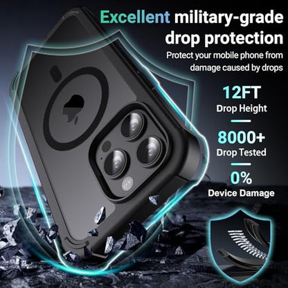 jaroco Magnetic for iPhone 15 Pro Case Heavy Duty Protection Black | Compatible with MagSafe,Military Grade Drop Protection,Translucent Matte,Non-Slip,Shockproof 2-Layer Durable Bumper Case - color: Black, size: iPhone 15 Pro
