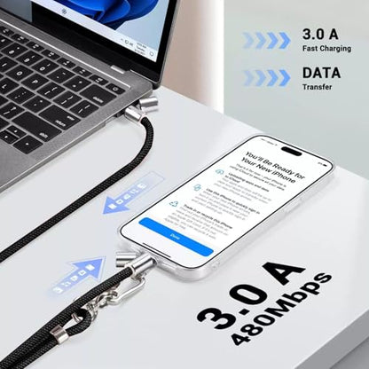 2-in-1 Phone Lanyard USB-C Charging Cable, 60W Fast Charge Braided Crossbody Strap, Adjustable Anti-Lost Cord - color: Black