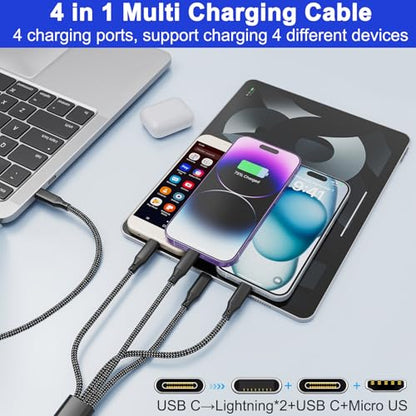 USB C to USB C/Dual Lightning/Micro USB Charging Cable 2M/6Ft, 4 in 1 Multi Charging Cable for Multiple Devices, Braided Universal iPhone Charger Cord for Cell Phones, iPhone Series, Tablets, Galaxy