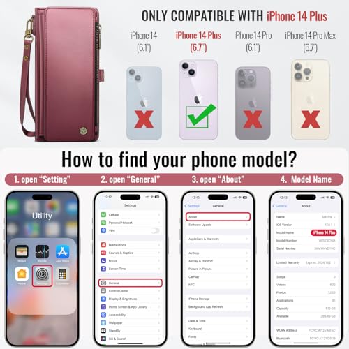 Defencase for iPhone 14 Plus Wallet Case with RFID Card Holder, Wine Red | Durable Soft PU Leather, with Zipper Pocket, Wrist Strap, Fashion Snap Flip Phone Cases Cover with Stand for Women and Men - color: Wine Red
