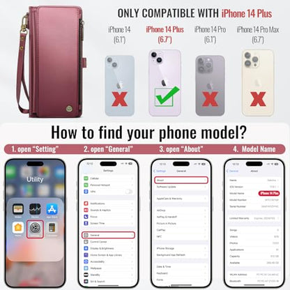 Defencase for iPhone 14 Plus Wallet Case with RFID Card Holder, Wine Red | Durable Soft PU Leather, with Zipper Pocket, Wrist Strap, Fashion Snap Flip Phone Cases Cover with Stand for Women and Men - color: Wine Red