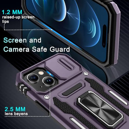 DEERLAMN Case for iPhone 15 with Slide Camera Cover + Screen Protector (2 Packs), Rotated Ring Kickstand Military Grade Shockproof Protective Cover-Deep Purple - color: Deep Purple