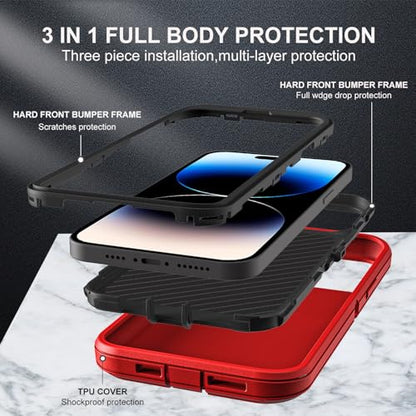 YKHJKLEC for iPhone 14 Pro Case, Compatible with Magsafe, Military Grade 3 in 1 Heavy Duty Shockproof/Drop Proof/Dust Proof Case with 2Pcs Tempered Glass Screen Protector (New-Red/Black) - color: New-Red/Black