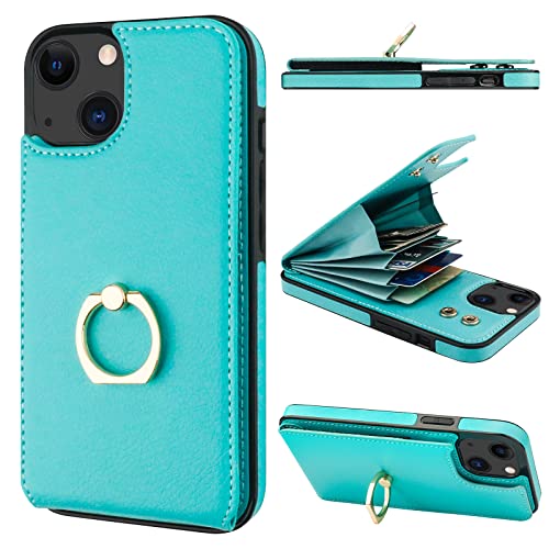 Folosu Compatible with iPhone 14 Case Wallet with Card Holder, 360°Rotation Finger Ring Holder Kickstand, RFID Blocking Leather Protective Double Buttons Shockproof Cover 6.1 Inch Green - color: Mint Green, size: iPhone 14