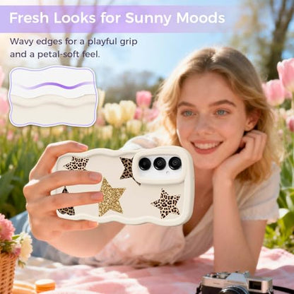 for Galaxy A15 Phone Case, Wavy Soft TPU, White-Leopard Star | Wavy Frame Design, Soft Slim TPU, Full Camera Lens Protection, Shockproof Phone Cover - color: White-Leopard Star, size: Samsung A15