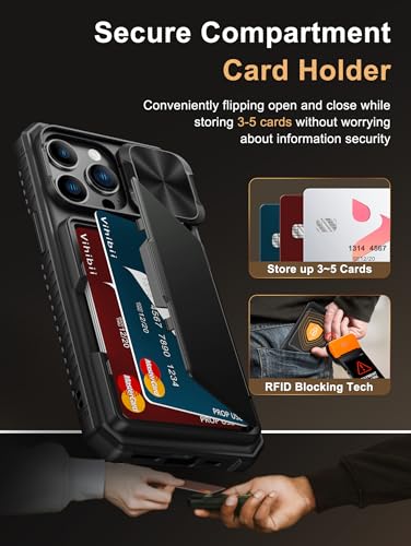 Vihibii for iPhone 13 Pro Case Wallet with Card Holder (4 Cards), Black | RFID Blocking, Slide Lens Camera Cover, Military Grade Drop Protection, Raised Edges Protect Screen, Ditch the bulky bag - color: Black, size: iPhone 13 Pro
