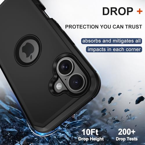 for iPhone 16 Phone Case, Military Grade Drop Protection Cell Phone Cover with Belt Clip Holster Stand, Screen Protector x2 Rugged Shockproof Kickstand for iPhone 16 Case 6.1 inch (Black) - color: Black