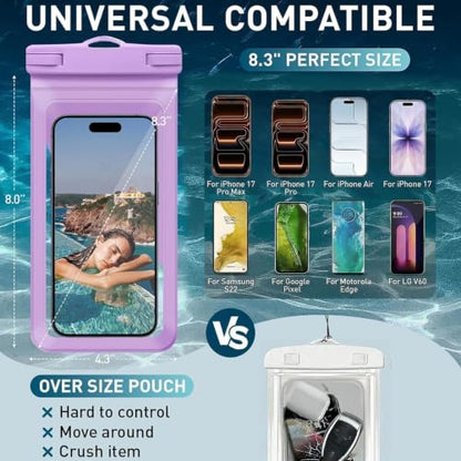 2 Waterproof Phone Pouch for iPhone 17 16 Pro Max IPX8 Purple-8.3 | Card Pocket, Lightweight, Large Cellphone Dry Bag, IPX8 Rated, Beach Essential, Cruise Ship, 2 Pack, 8.3 inch - color: B6-Purple-2 pack