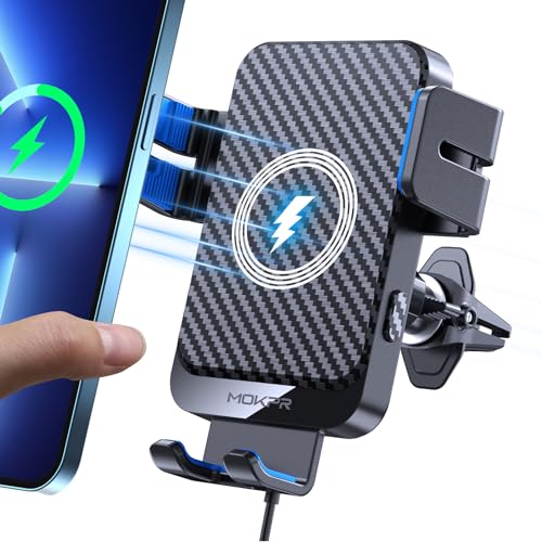 Wireless Car Charger 15W Fast Charging Auto-Clamping Air Vent Phone Mount - color: Blue Arm