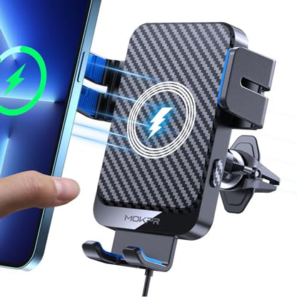 Wireless Car Charger 15W Fast Charging Auto-Clamping Air Vent Phone Mount - color: Blue Arm