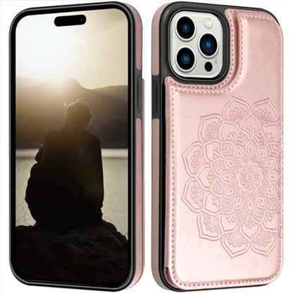 MMHUO iPhone 15 Pro Case, Magnetic Back Flip Wallet Case - Flower Pattern, Card Holder, Rose Gold - color: Rose Gold, size: Iphone 15 Pro 6.1"-(S)(Three Cameras)