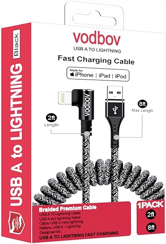 Coiled 90° USB-A to Lightning Cable (Zebra Black) – Braided, Fast Charging, Right-Angle Car Charger Cord, 2–8 ft Stretch for iPhone & iPad