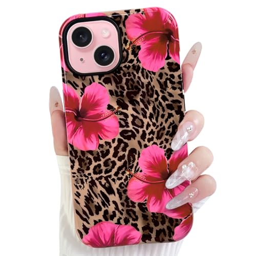 Lovmooful for iPhone 15 Case Cute Flower Leopard-Hibiscus | Compatible for iPhone 15 Case,Aesthetic,Hibiscus,Floral,2 in 1,for Women Girls,Soft TPU+PC,Shockproof,Protective - size: iPhone 15