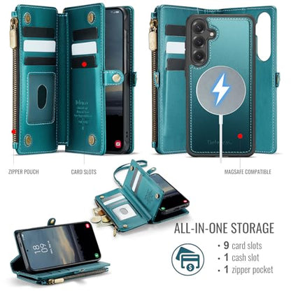 Defencase for Galaxy S25 Plus Case Wallet Compatible with Magsafe, Green | Magnetic Detachable, RFID Bolcking Card Holder, Zipper Strap, PU Leather Drop-Proof Phone Cover for Samsung Galaxy S25+/Plus - color: (Detachable with Magsafe)-Blue Green