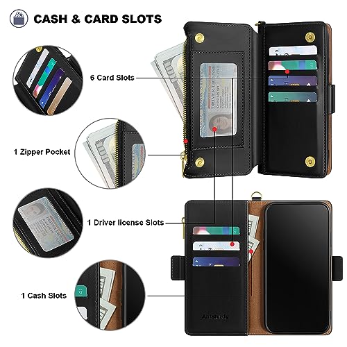 Antsturdy Compatible with Google Pixel 9 5G Wallet Case with Card Holder Women Men,Pixel 9 Pro Phone Case PU Leather Flip Protective Cover Wrist Strap Zipper Credit Card Slots RFID Blocking,Black - color: Black