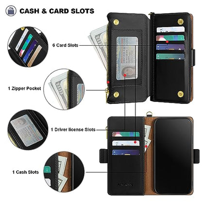 Antsturdy Compatible with Google Pixel 9 5G Wallet Case with Card Holder Women Men,Pixel 9 Pro Phone Case PU Leather Flip Protective Cover Wrist Strap Zipper Credit Card Slots RFID Blocking,Black - color: Black