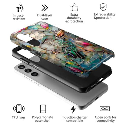 Compatible for Samsung Galaxy S26 Plus 5G Case,Double Layer Shockproof Protection Heavy Duty Phone Cover,Stained Glass Flower Hummingbird - color: Stained Glass Flower Hummingbird, size: S26 Plus