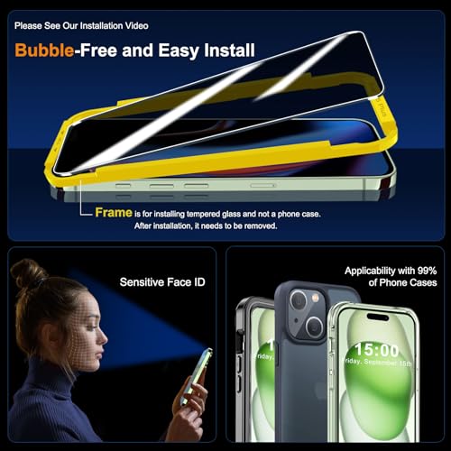 QHOHQ 3 Pack Privacy Screen Protector for iPhone 15 Plus [6.7 Inch] with 3 Pack Camera Lens Protector, Anti Spy Tempered Glass Film, 9H Hardness, HD, Bubble Free, Case Friendly - Black - size: iPhone 15 Plus 6.7 Inch