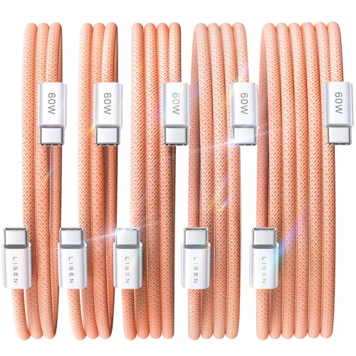 LISEN USB C Cable, 5-Pack [3.3/3.3/6.6/6.6/10FT] Orange for iPhone 17 Charger Cord, 60W C to C Cable Fast Charging for iPad, iPhone 17 Air 16 15 Pro Max, Samsung Z Flip 7/S25/S24 - color: Orange, size: 3.3+3.3+6.6+6.6+10FT