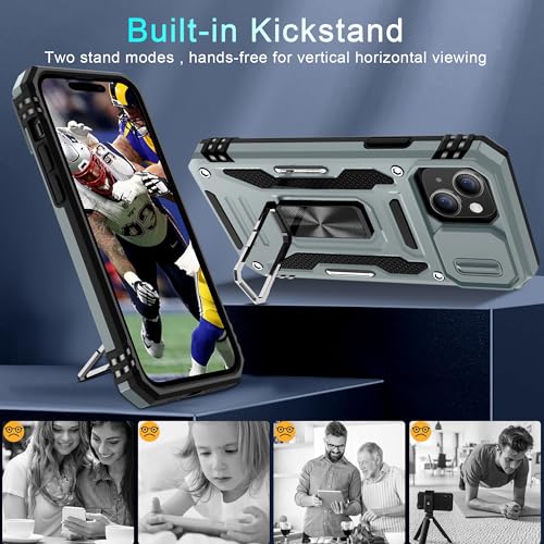 DEERLAMN Case for iPhone 15 with Slide Camera Cover + Screen Protector (2 Packs), Rotated Ring Kickstand Military Grade Shockproof Protective Cover-Grey - color: Grey