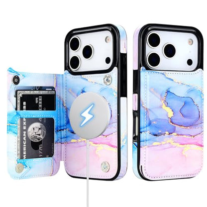 HAOPINSH Wallet Case for iPhone 17 Pro, Compatible with MagSafe Wireless Charging, Pink Blue Marble Pattern Back Flip Folio PU Leather Kickstand Card Slots Case Double Magnetic Clasp Cover 6.3" - color: Pink Blue Marble for MagSafe