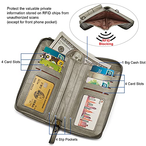 S-ZONE Women RFID Blocking Crossbody Cell Phone Purse PU Leather Wallet | Card Slots, Anti-theft, Multi Pockets, Detachable Adjustable Strap, Small, Travel Eveyday Shopping Outing - color: Grey
