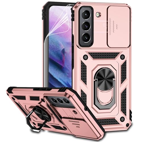 for Samsung Galaxy S22 Case with Camera Lens Cover HD Screen Protector, Dual Layer Military-Grade Drop Tested Magnetic Ring Holder Kickstand Protective Phone Case for Samsung Galaxy S22 5G (Rose Gold) - color: Rose Gold with camera cover Military-Grade 2n