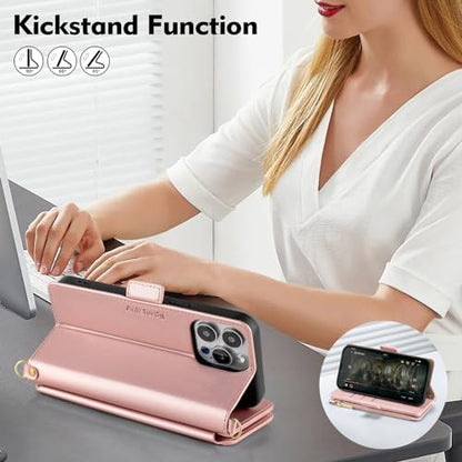 Antsturdy Crossbody Phone Wallet Case for iPhone 13 Pro,Rose Gold | RFID Blocking,PU Leather Flip Cover,Kickstand,with Credit Card Holder,Wrist Strap Lanyard & Handbag Purse,for Women & Men - color: (Crossbody) - Rose Gold