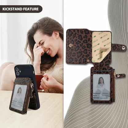 M-Plateau RFID Blocking Phone Wallet Stick on Leopard Print With Sticker | Wallet for Women Card Holder for Phone case with Snap Closure Zipper Pocket 6 Card Slots (Compatible with Most Smartphones) - color: Leopard