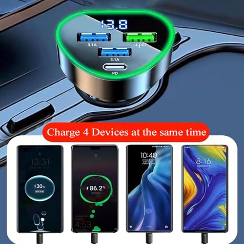 4 in 1 Multi Port USB C Car Phone Charger Adapter with Voltage Display, QC4.0/PPS/AFC Super Fast Cigarette Lighter USB Charge with Volt Meter for iPhone Galaxy Android Phones