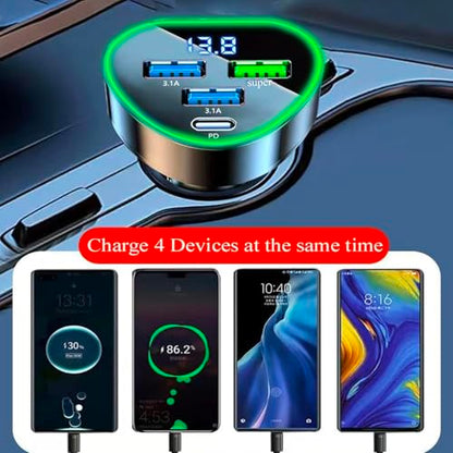 4 in 1 Multi Port USB C Car Phone Charger Adapter with Voltage Display, QC4.0/PPS/AFC Super Fast Cigarette Lighter USB Charge with Volt Meter for iPhone Galaxy Android Phones
