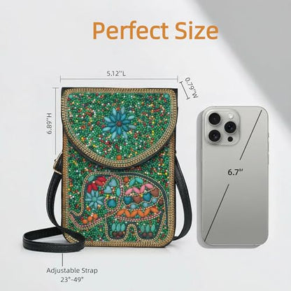 Small Crossbody Bags for Women, Cell Phone Shoulder Bag Boho Wallet Purse - color: Green Elephant