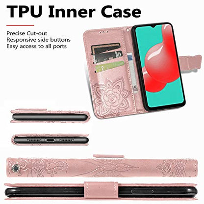 Wallet Case for Samsung Galaxy A03s with Card Holder Rose Gold | PU Leather Flip Phone Cover,Wrist Strap,Woman Man Purse,Emboss Butterfly Flower,Stand,Shockproof TPU Shell, Magnetic Closure - color: B Rose Gold
