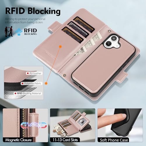 Antsturdy Compatible with MagSafe iPhone 17 Wallet Case,Rose Gold | Detachable Magnetic Credit Card Holder,RFID Blocking,PU Leather Zipper Purse,Wrist Strap Kickstand,Flip Phone Cover for Women - color: (Detachable with Magsafe)-Rose Gold