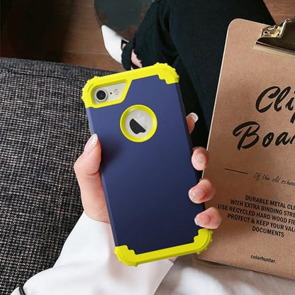 IDweel for iPhone 8 Case & for iPhone 7 Case with Screen Protector,3 in 1 Shockproof Hybrid Heavy Duty Hard PC Cover Soft Silicone Sturdy Bumper Full Body Sturdy Case, Navy Blue/Yellow - color: Navy Blue/Yellow