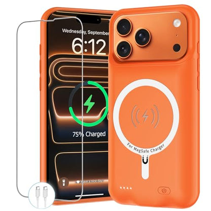 Battery Case for iPhone 17 Pro Max, 12000mAh Protective Charging Case with Wireless Charging Compatible with iPhone 17 Pro Max (6.9 inch) Rechargeable Battery Pack Charger Cover with Carplay (Orange) - size: iPhone 17 Pro Max Orange -12000mAh