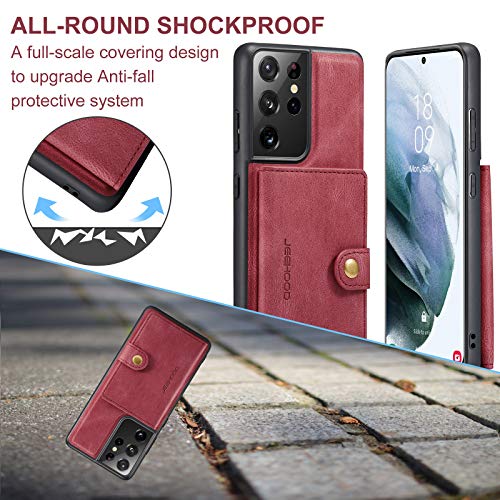 Simicoo Compatible with Samsung S22 Ultra Detachable Magnetic Wallet case Credit Card Holder Money Clip Front Pocket Stand Leather Men Women Wallet Double Shockproof (Red) - color: Red