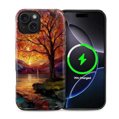 Magnetic Phone Case for iPhone 15,Compatible with MagSafe,Durable 2 Layers Full Covered Shockproof Protective Cover-Stained Glass Sunrise Fall Leaves - color: Stained Glass Sunrise Fall Leaves, size: iPhone 15