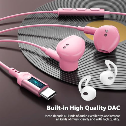 Jelanry Magnetic USB-C Wired Earbuds HiFi Stereo Headphones with Mic, Pink - color: Pink